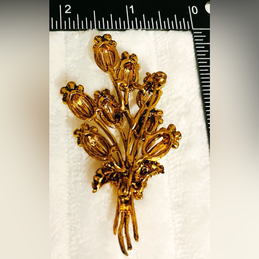 Gold Floral Brooch with Green and Orange Accents - Picture 2 of 2